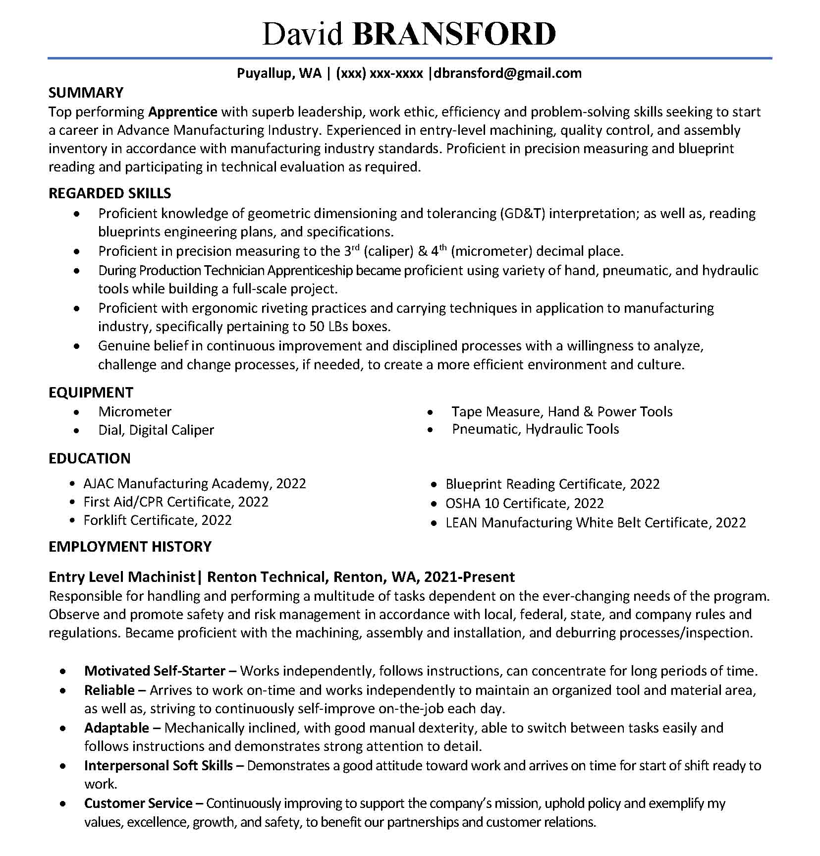 Entry-Level Manufacturing Resume Example for Apprentice