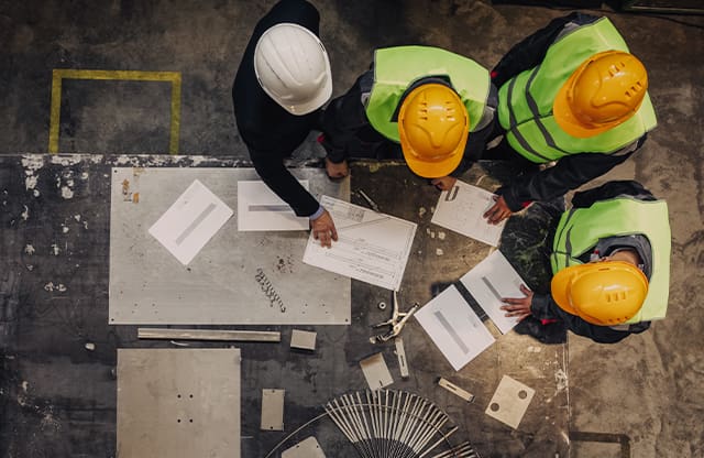 Image of four manufacturing workers reviewing documents.