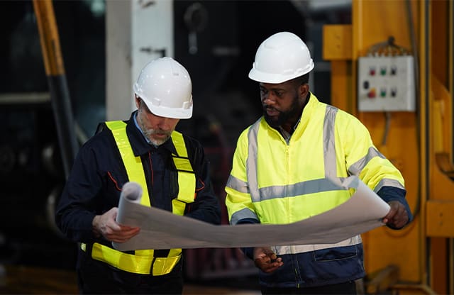 Two men reading a drawing or blueprint at a manufacturing company