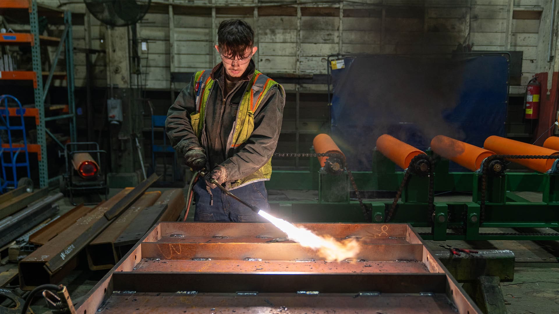 An AJAC Youth Apprentice working in the fabrication shop at Sierra Pacific Industries