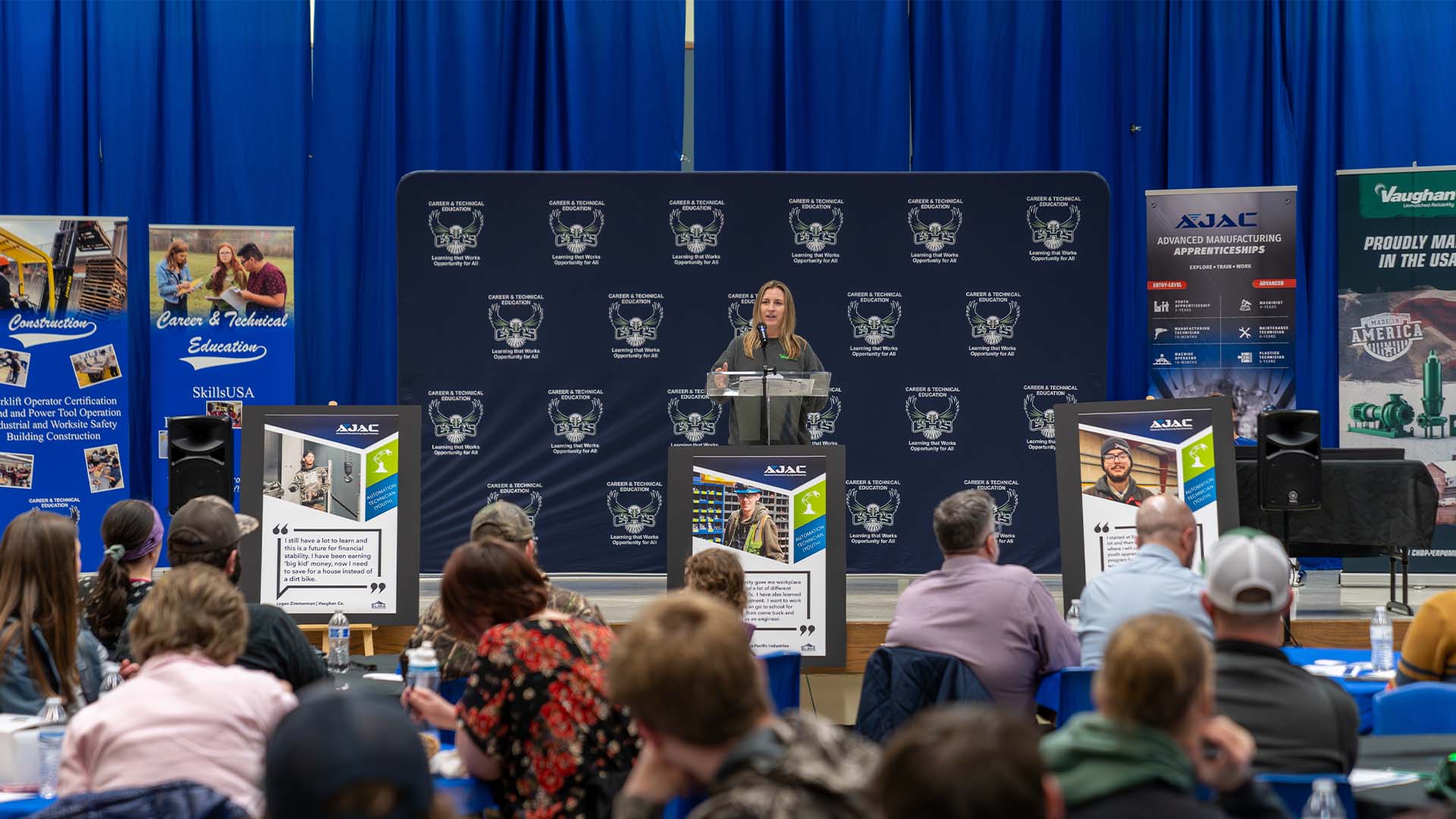 Stacie Vaughan from Vaughan Co talks at Elma High School during the apprentice appreciation banquet.