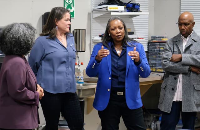 Lynn Strickland speaks at the Lacey MakerSpace with legislator Marilyn Strickland.