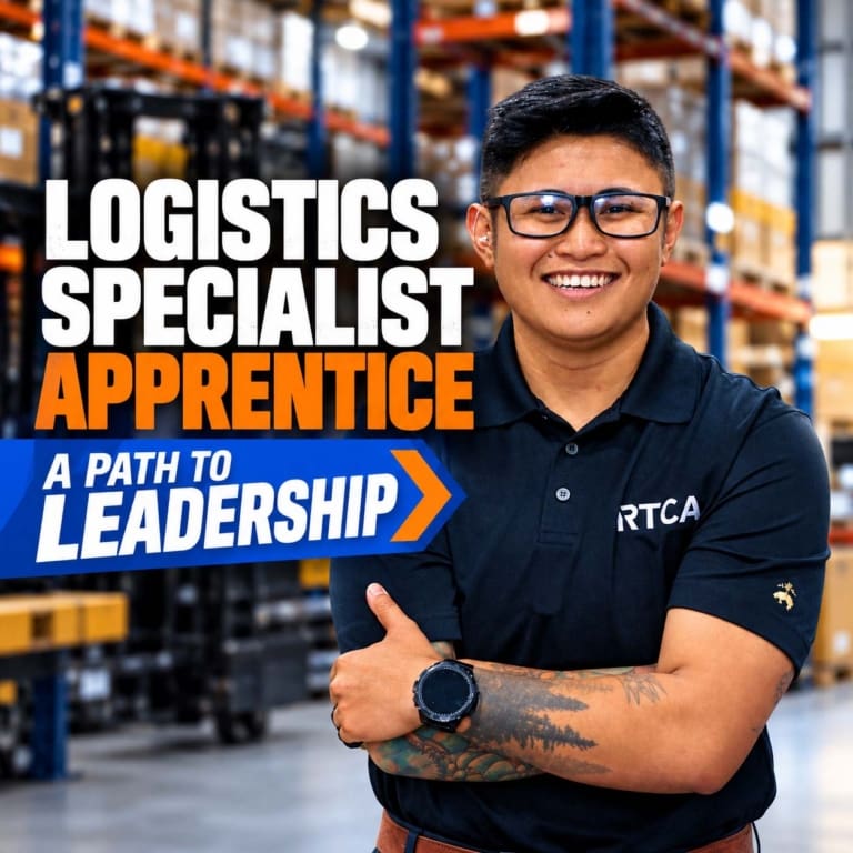 Logistics specialist apprentice smiling in a warehouse, with a graphic highlighting his apprenticeship journey and path to leadership.